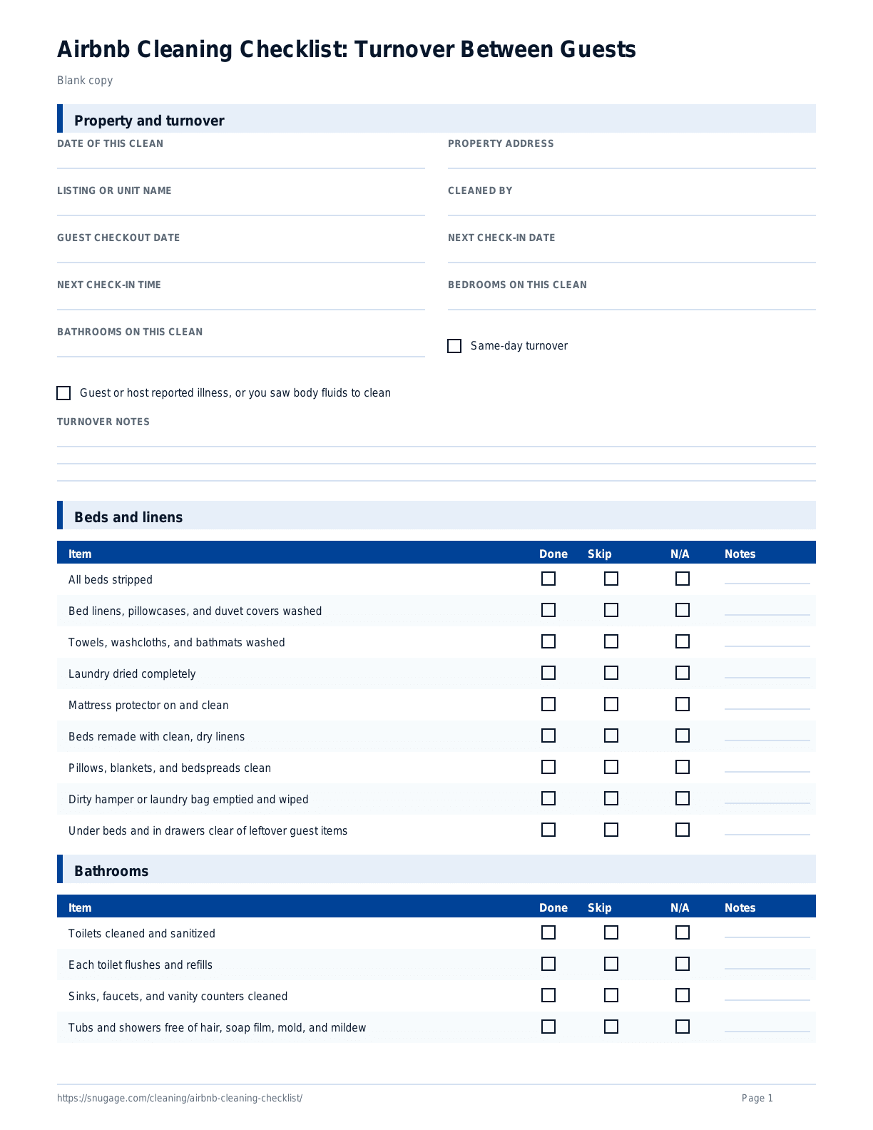 Airbnb Cleaning Checklist: Turnover Between Guests blank checklist