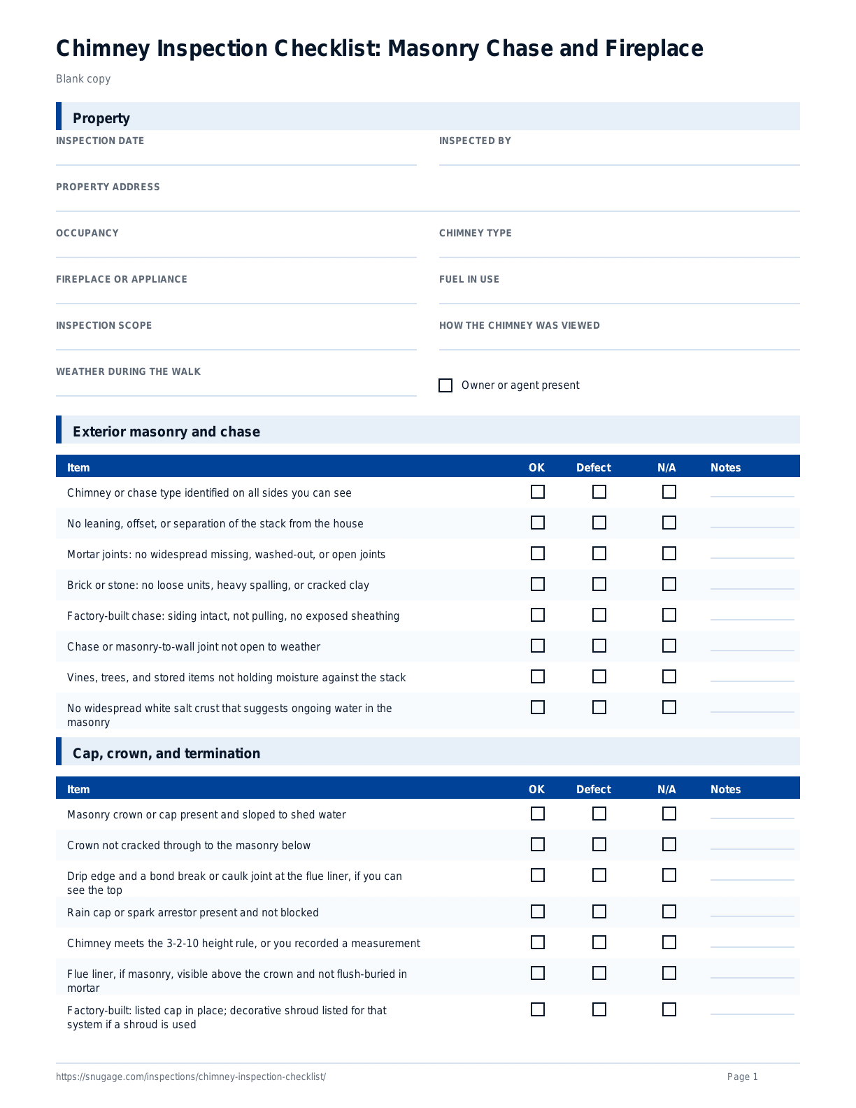 Chimney Inspection Checklist: Masonry Chase and Fireplace blank checklist
