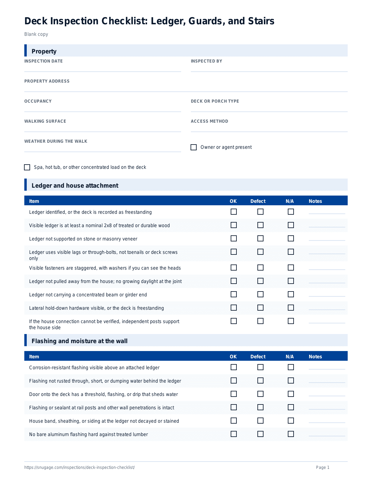 Deck Inspection Checklist: Ledger, Guards, and Stairs blank checklist