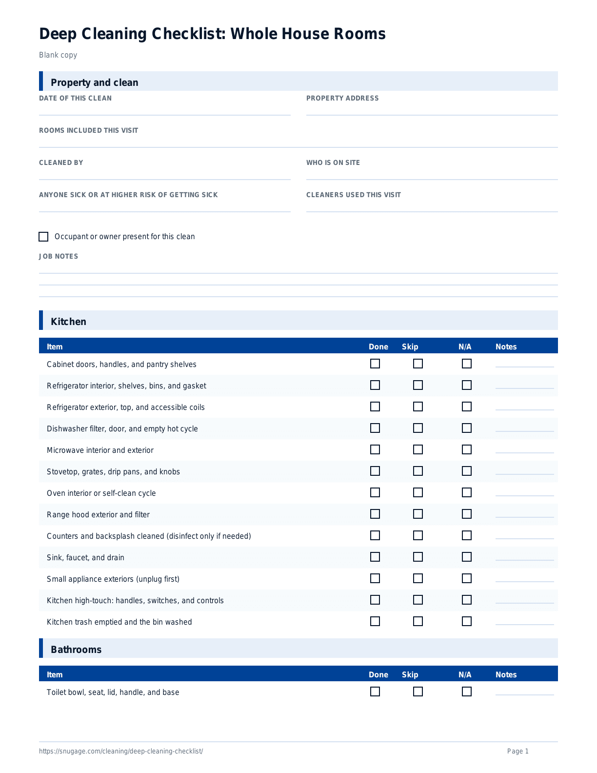 Deep Cleaning Checklist: Whole House Rooms blank checklist