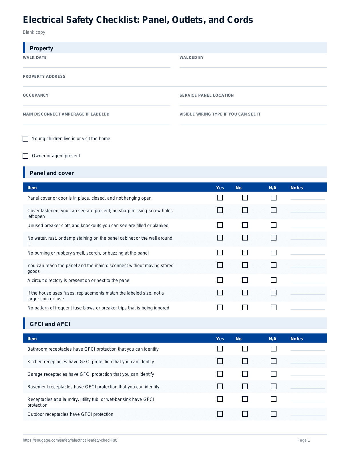 Electrical Safety Checklist: Panel, Outlets, and Cords blank checklist