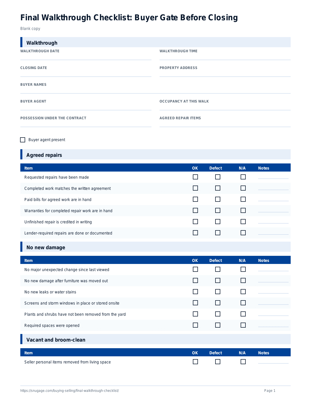 Final Walkthrough Checklist: Buyer Gate Before Closing blank checklist