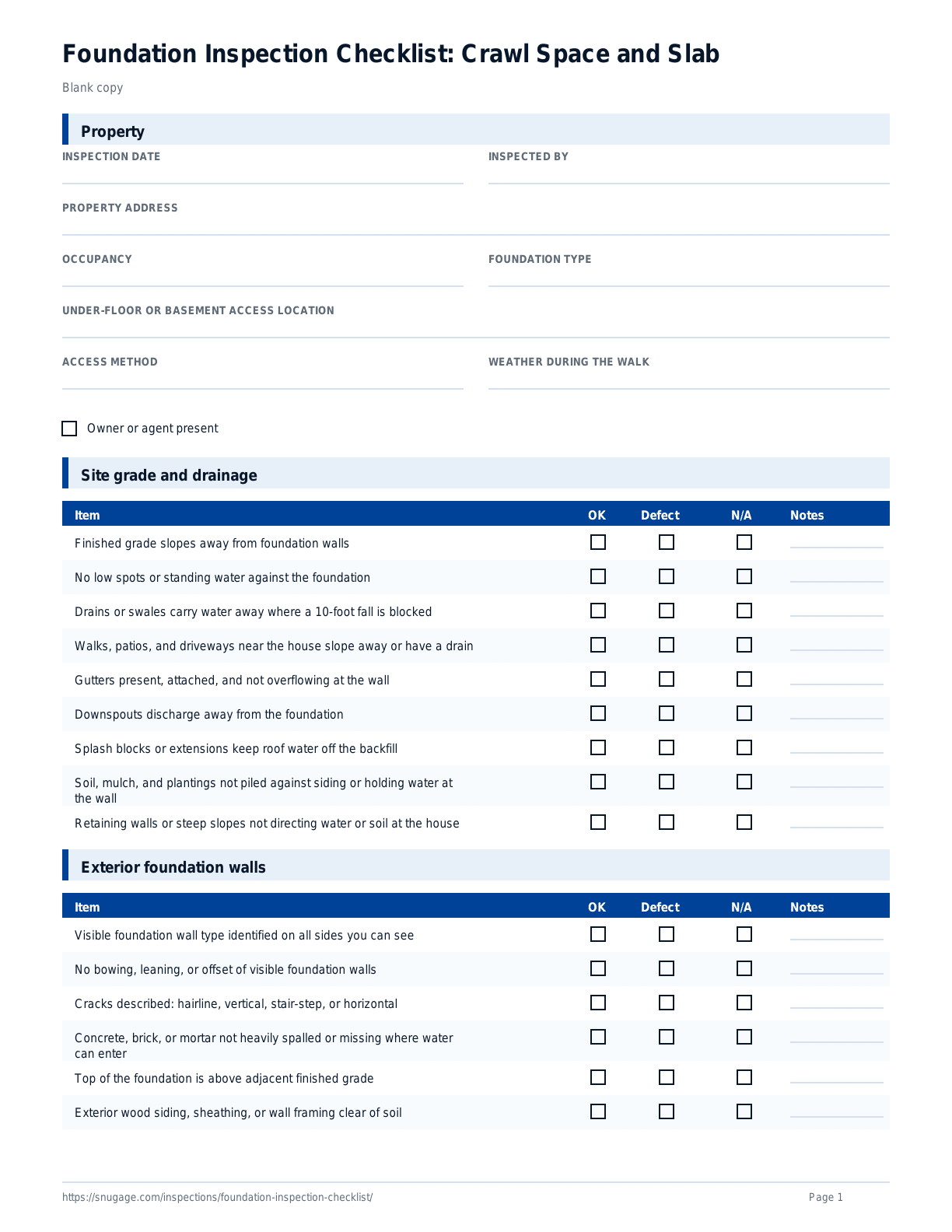 Foundation Inspection Checklist: Crawl Space and Slab blank checklist