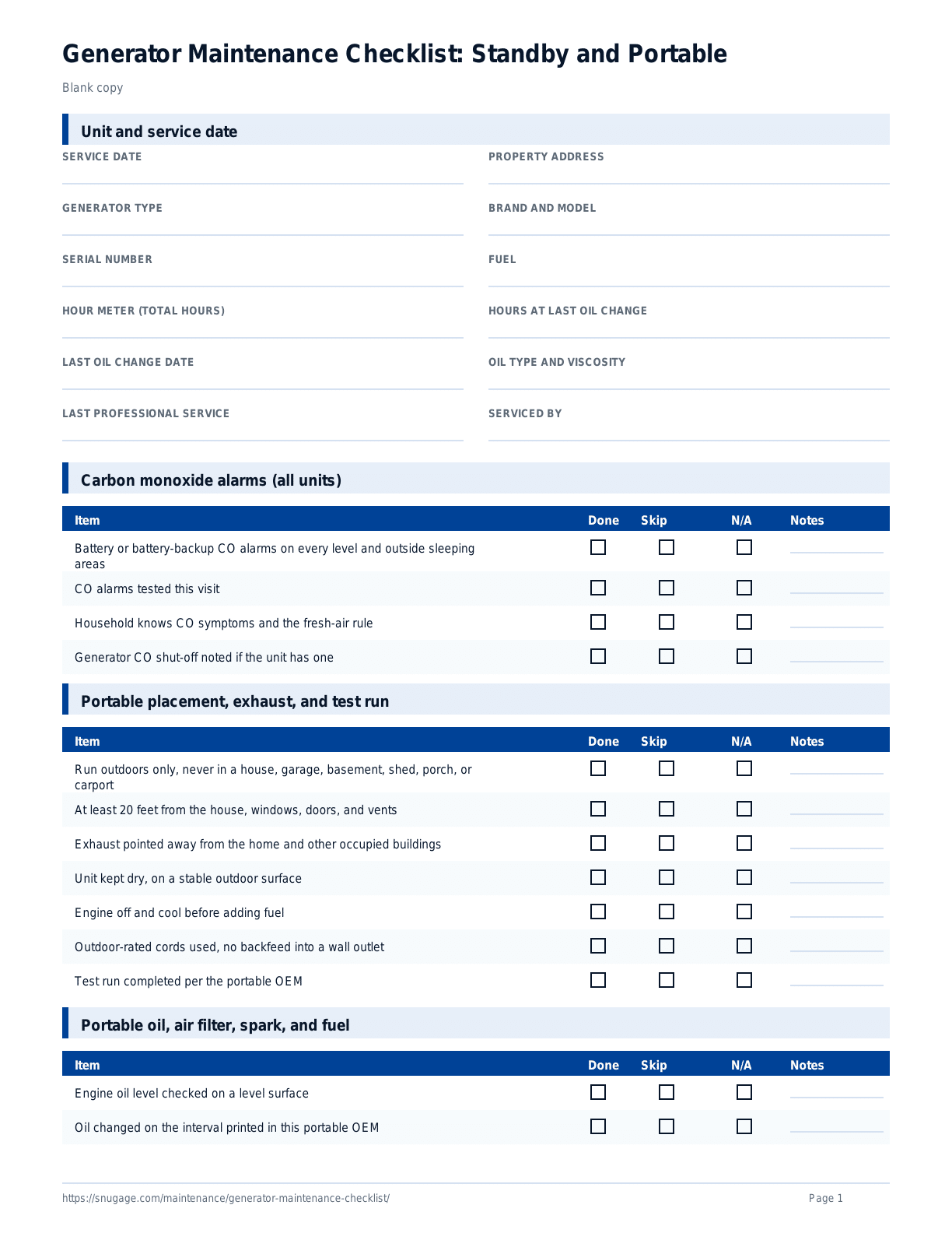 Generator Maintenance Checklist: Standby and Portable blank checklist
