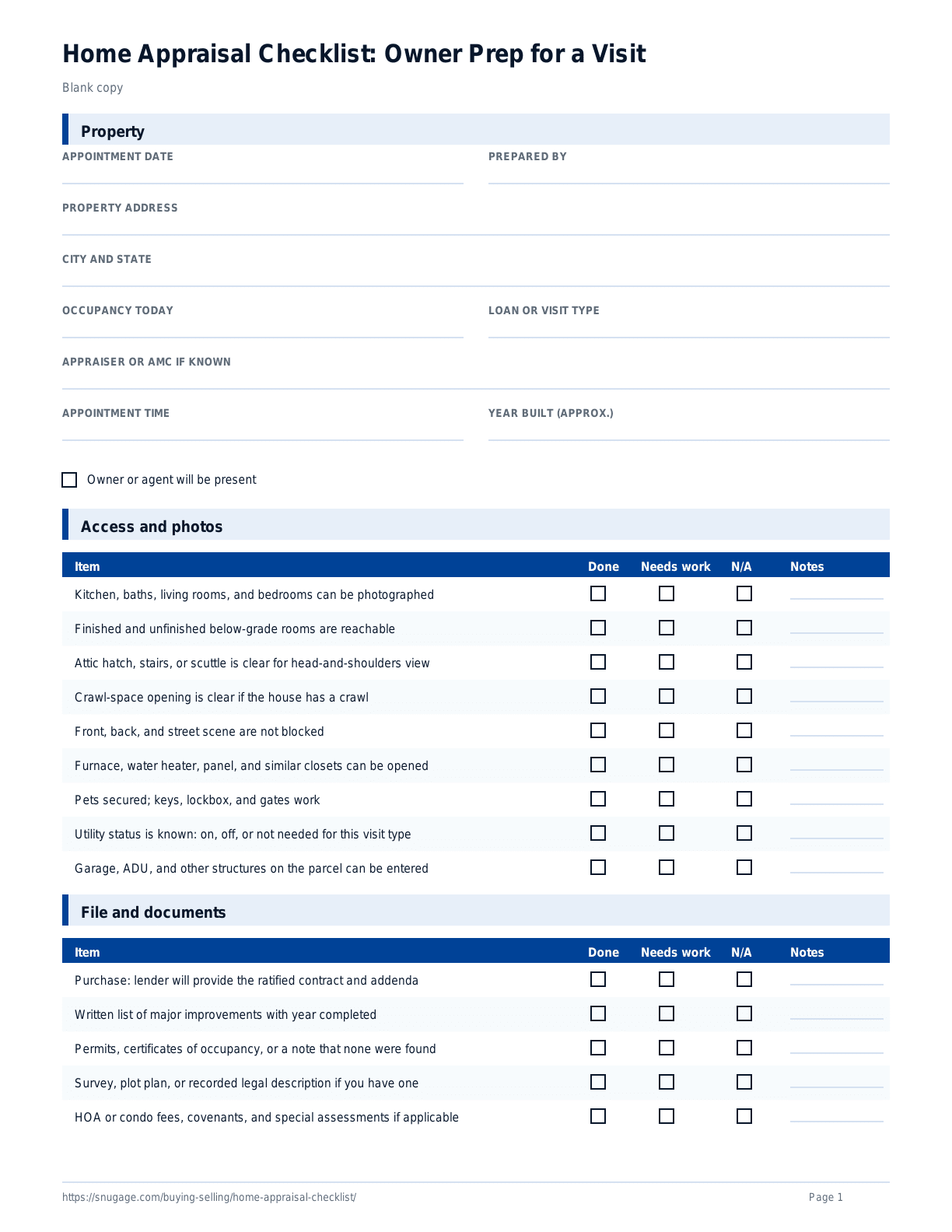 Home Appraisal Checklist: Owner Prep for a Visit blank checklist