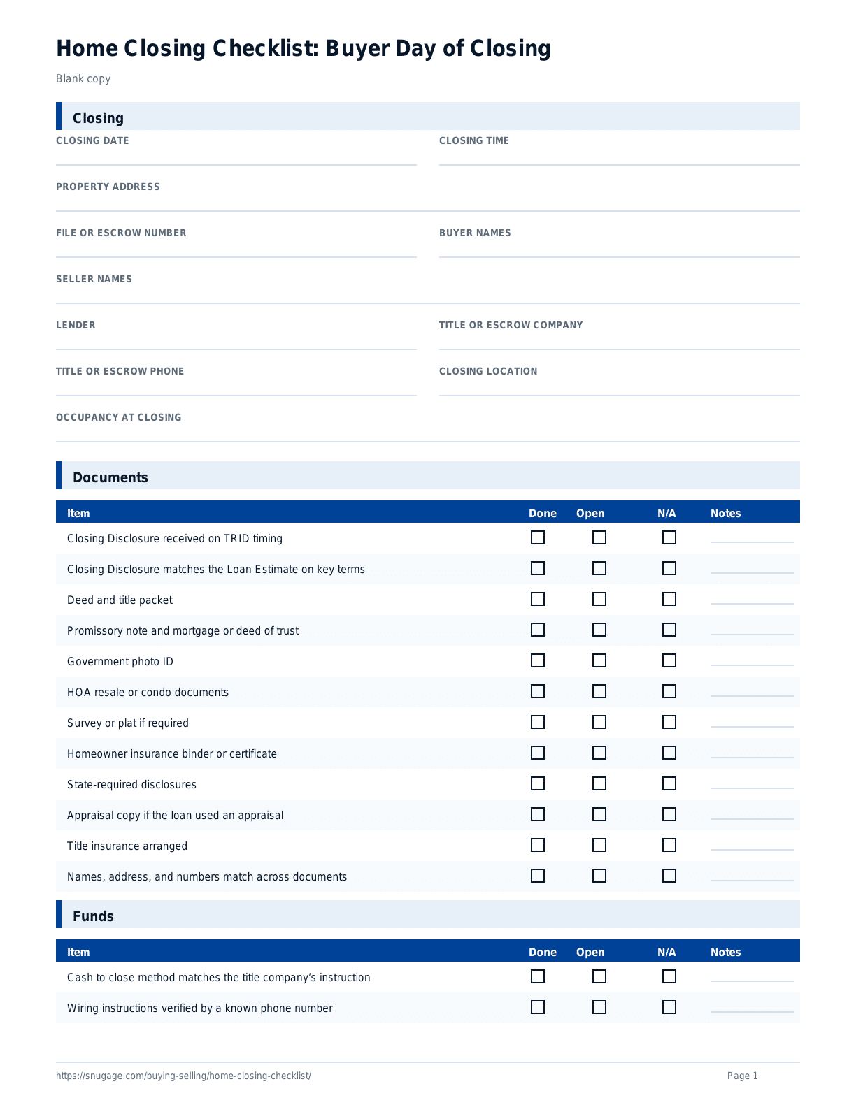 Home Closing Checklist: Buyer Day of Closing blank checklist
