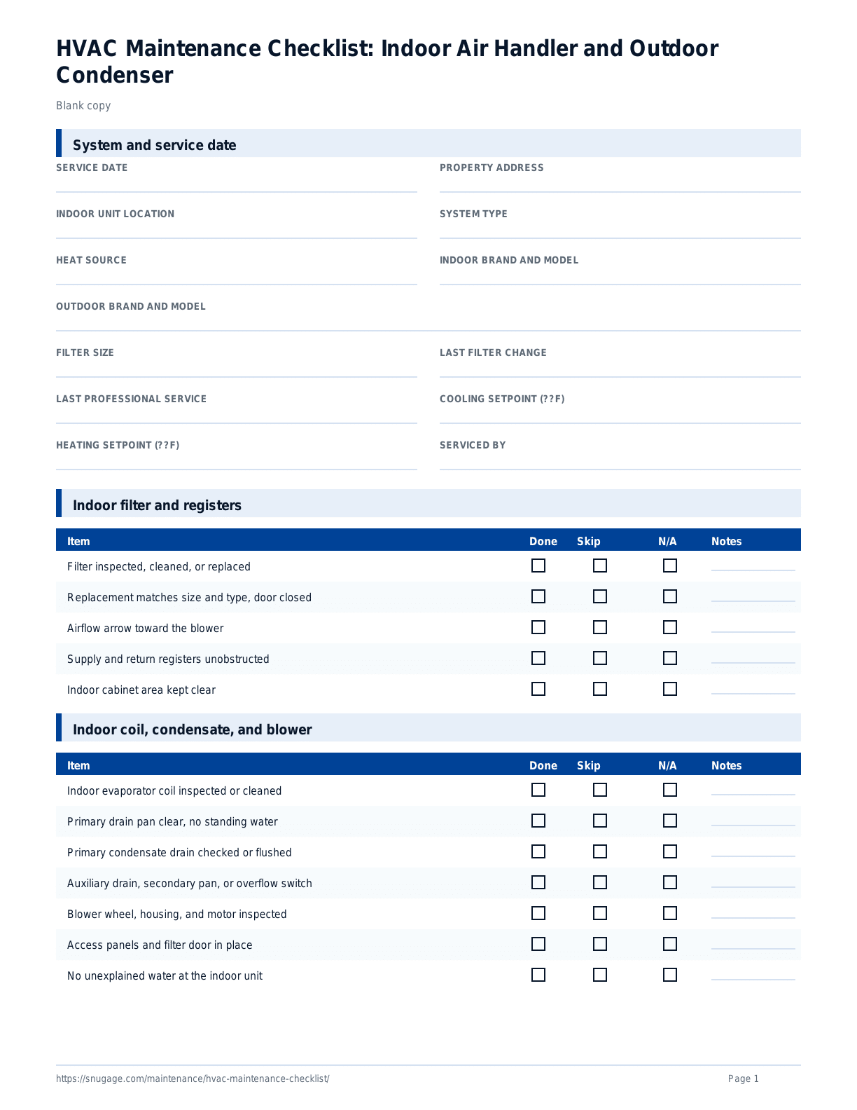 HVAC Maintenance Checklist: Indoor Air Handler and Outdoor Condenser blank checklist