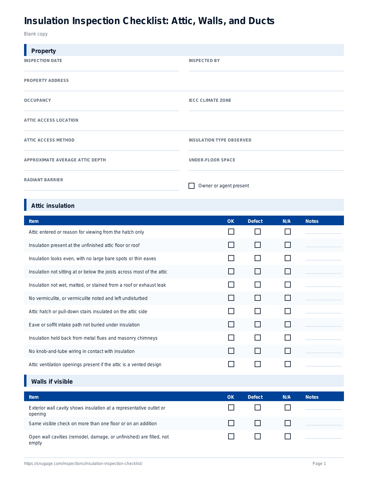 Insulation Inspection Checklist: Attic, Walls, and Ducts blank checklist
