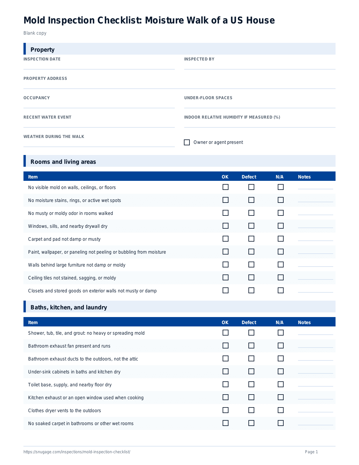 Mold Inspection Checklist: Moisture Walk of a US House blank checklist
