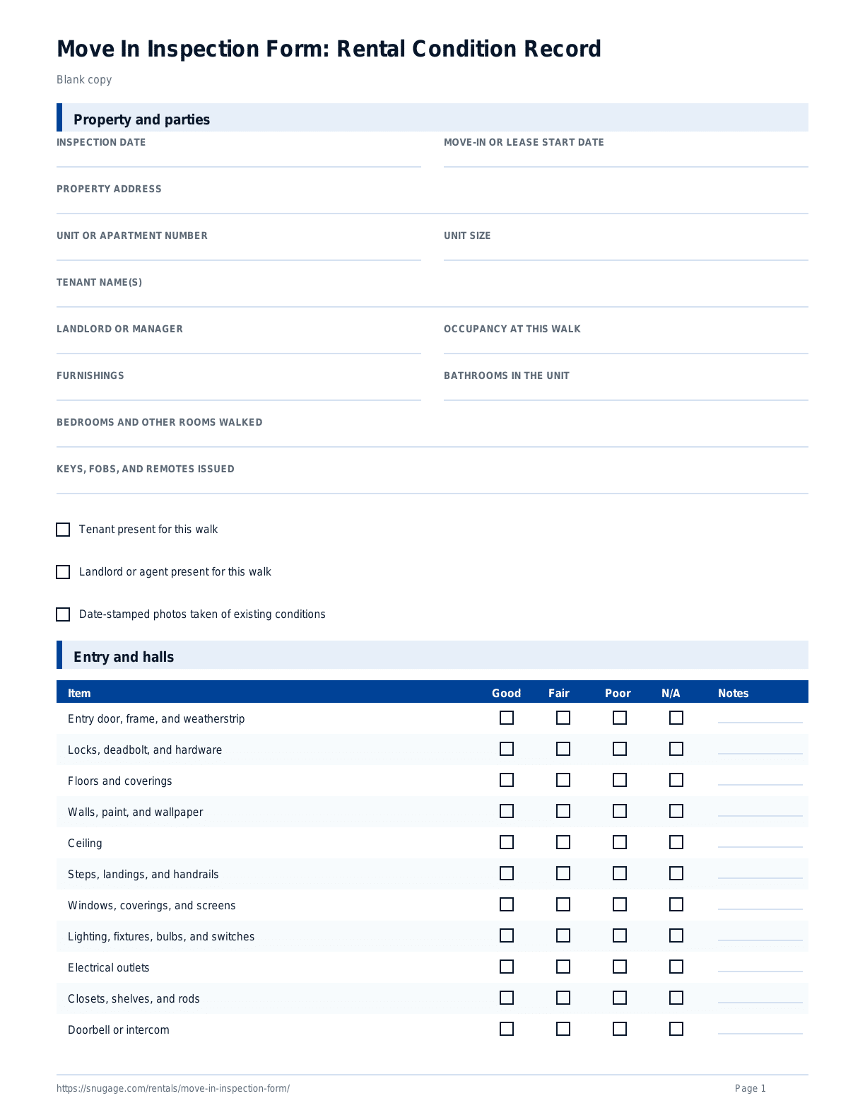 Move In Inspection Form: Rental Condition Record blank checklist