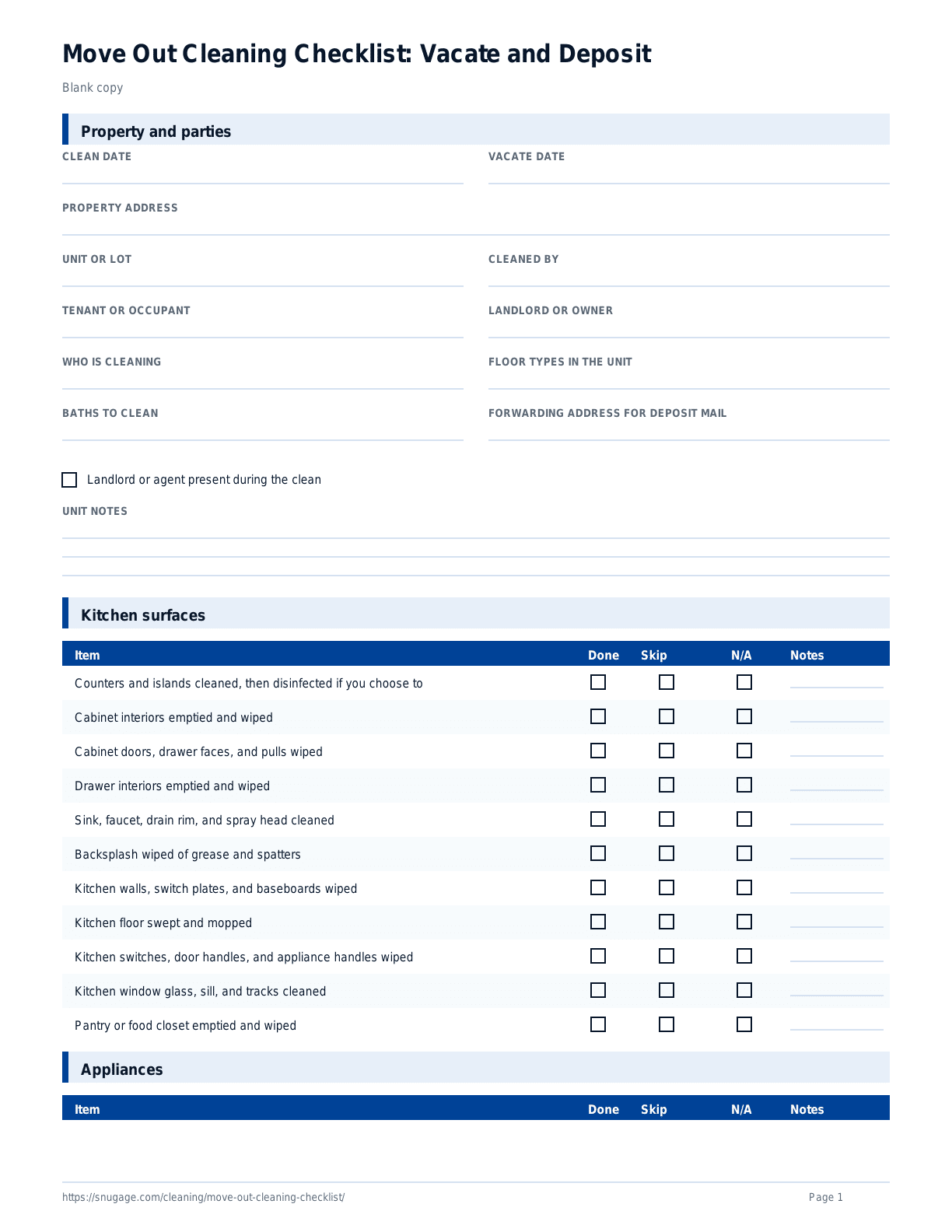 Move Out Cleaning Checklist: Vacate and Deposit blank checklist