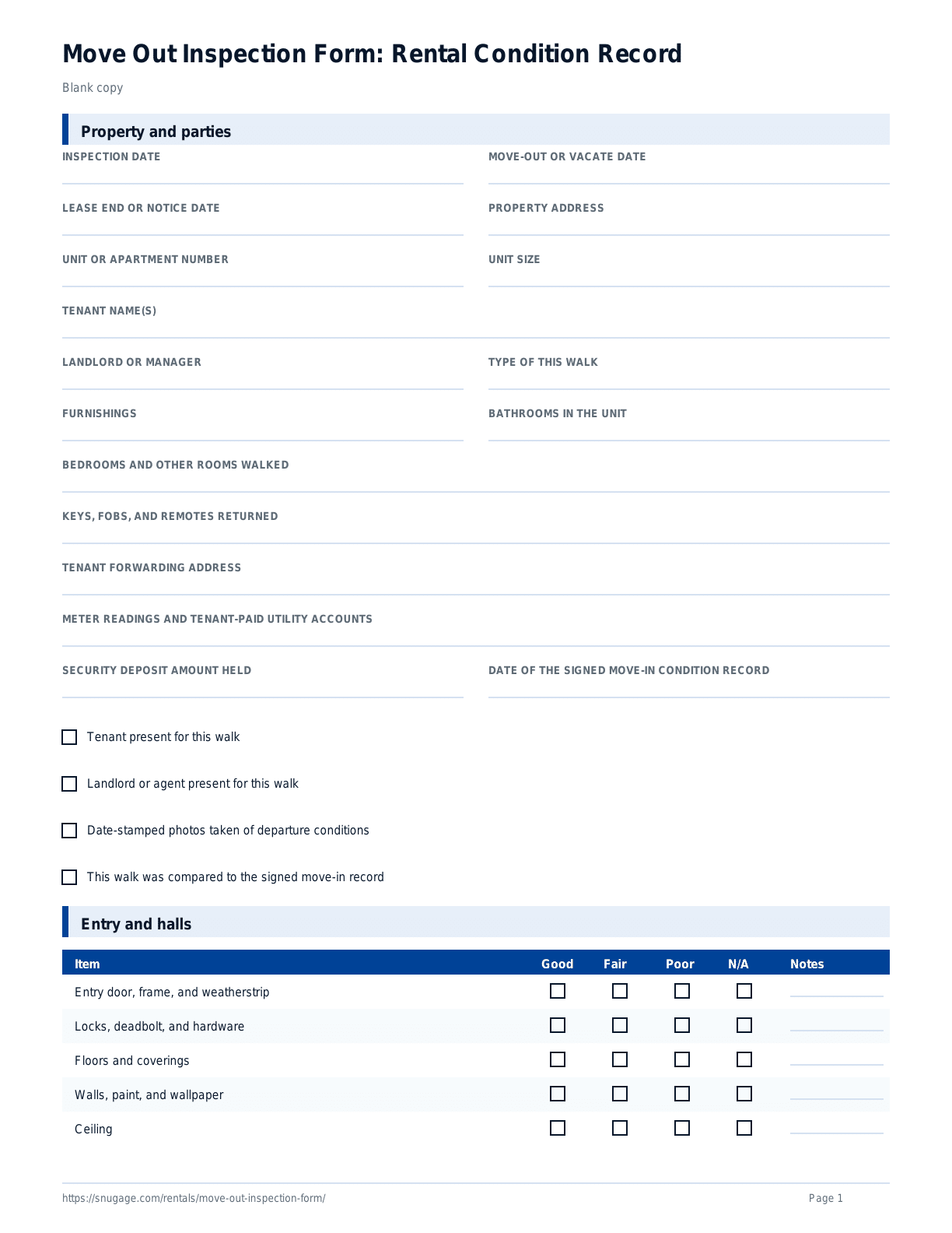 Move Out Inspection Form: Rental Condition Record blank checklist