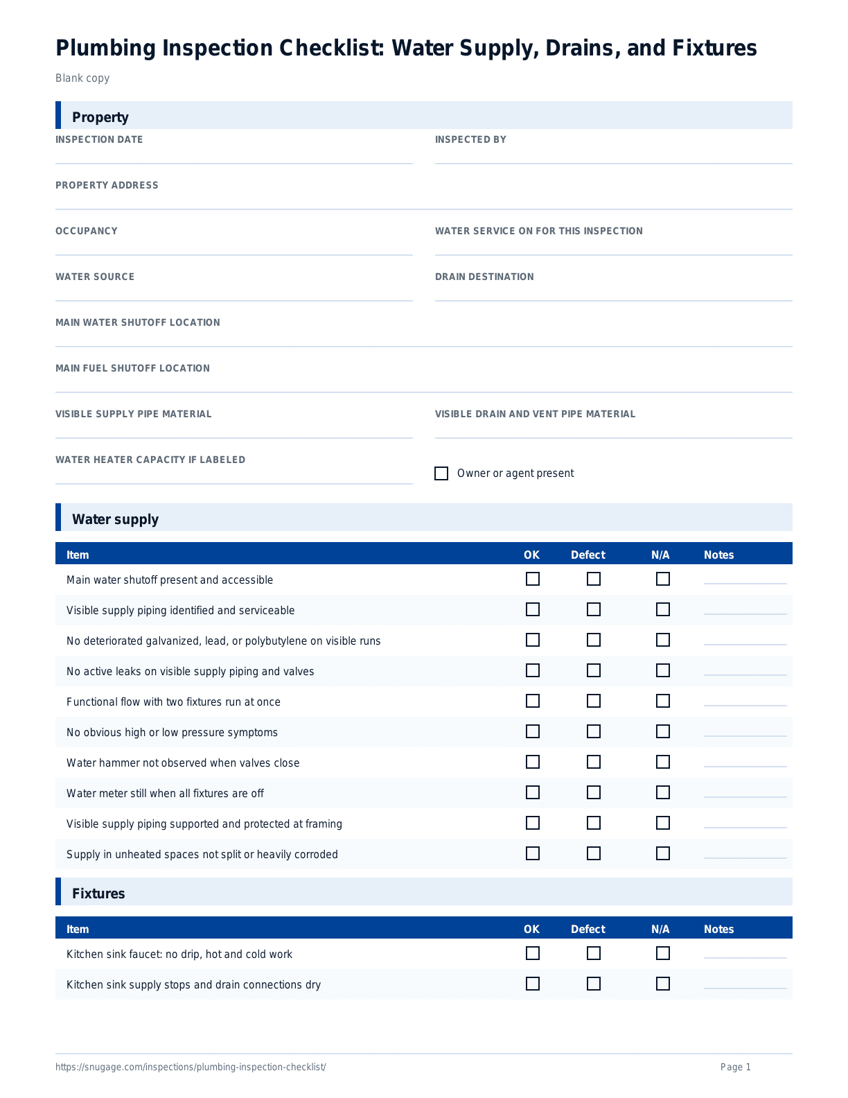 Plumbing Inspection Checklist: Water Supply, Drains, and Fixtures blank checklist