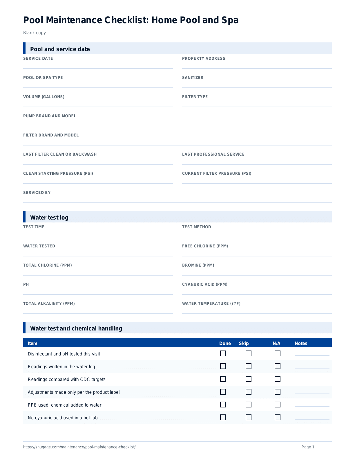 Pool Maintenance Checklist: Home Pool and Spa blank checklist