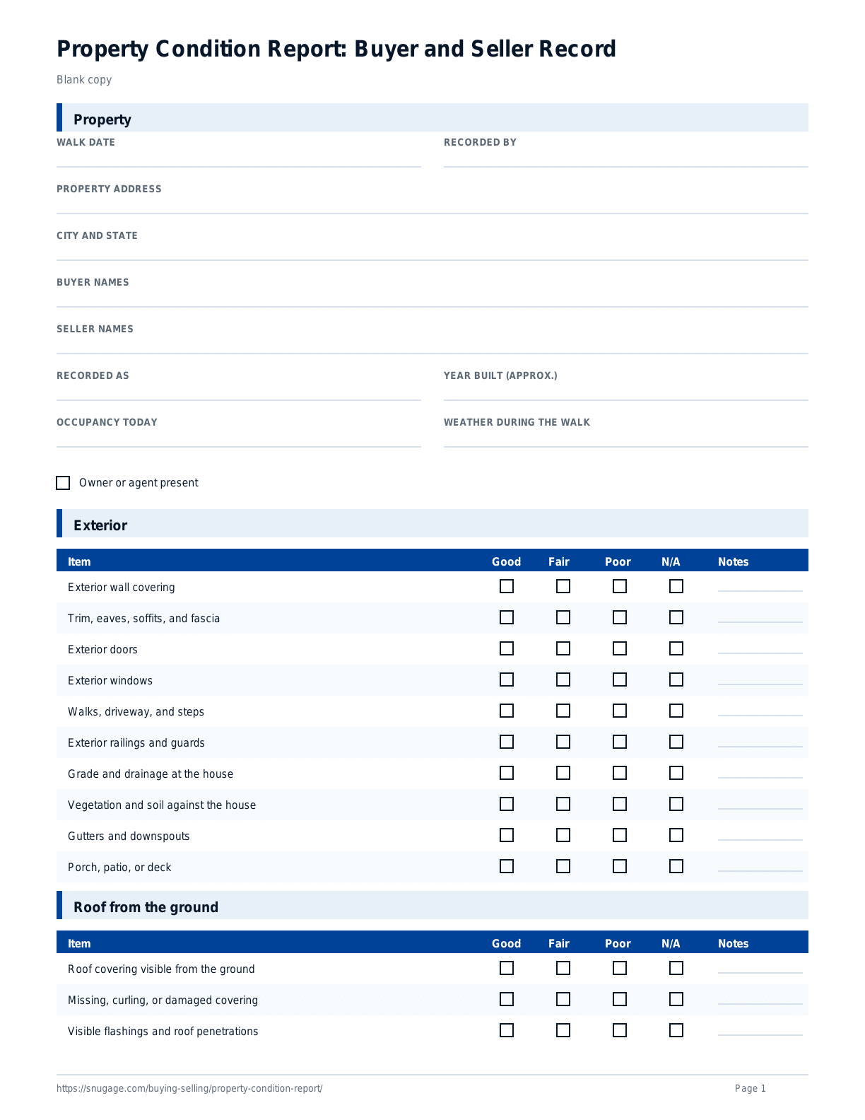 Property Condition Report: Buyer and Seller Record blank checklist
