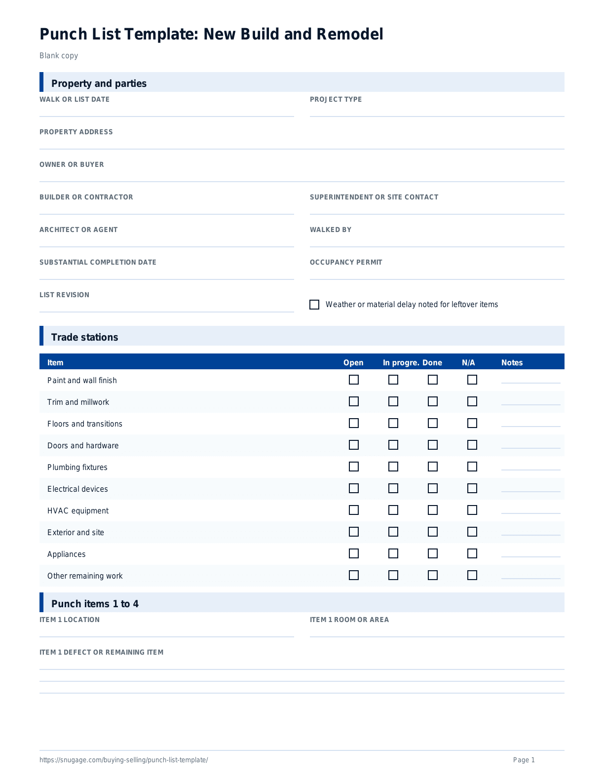 Punch List Template: New Build and Remodel blank checklist