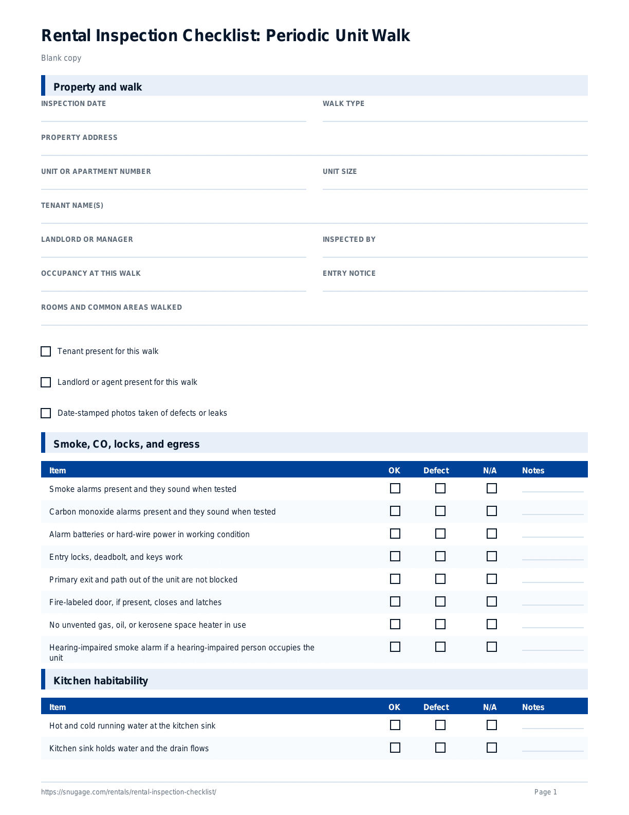 Rental Inspection Checklist: Periodic Unit Walk blank checklist