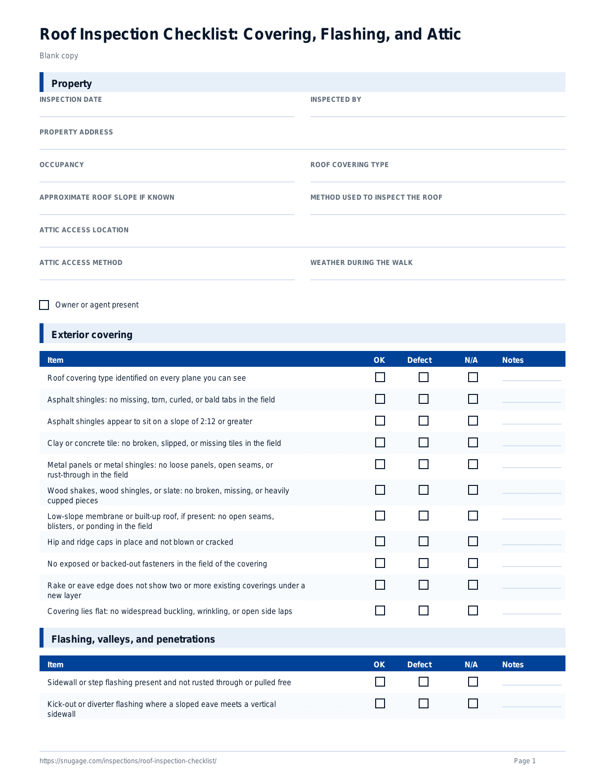 Roof Inspection Checklist: Covering, Flashing, and Attic blank checklist