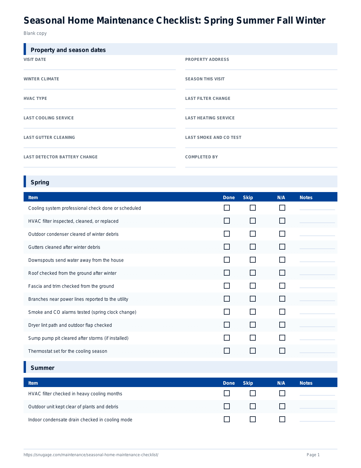 Seasonal Home Maintenance Checklist: Spring Summer Fall Winter blank checklist