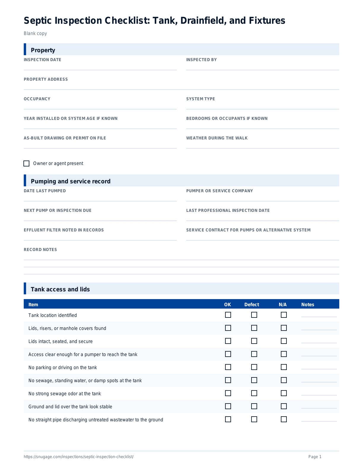 Septic Inspection Checklist: Tank, Drainfield, and Fixtures blank checklist