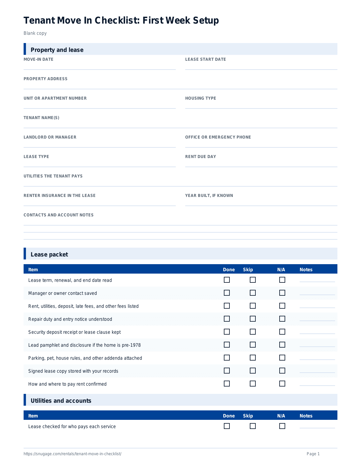 Tenant Move In Checklist: First Week Setup blank checklist