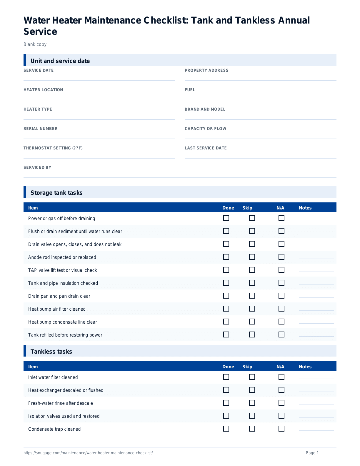 Water Heater Maintenance Checklist: Tank and Tankless Annual Service blank checklist