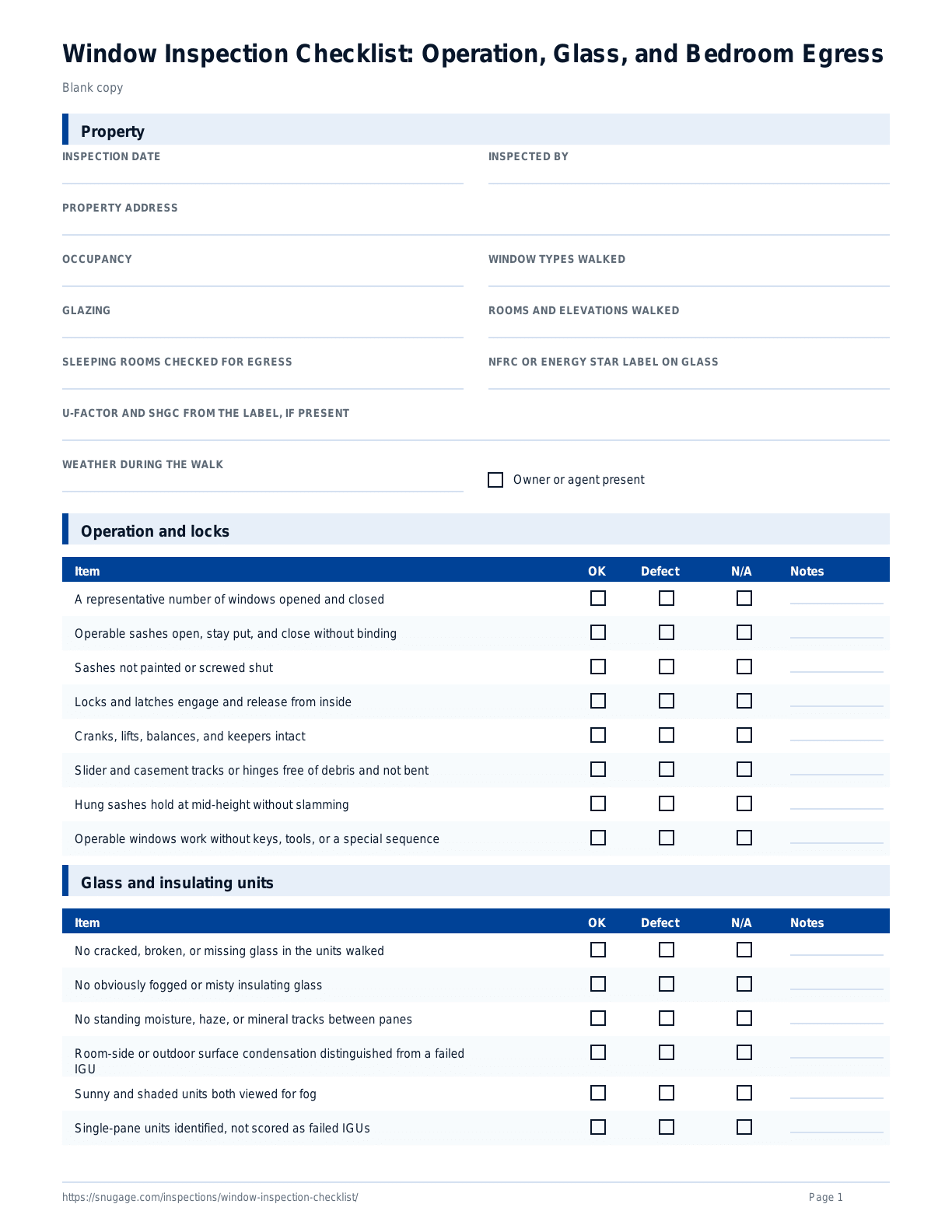 Window Inspection Checklist: Operation, Glass, and Bedroom Egress blank checklist